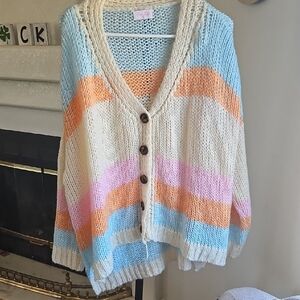 Pink Lily Pastel Striped V-Neck Cardigan - Cream, Blue, Orange, Pink